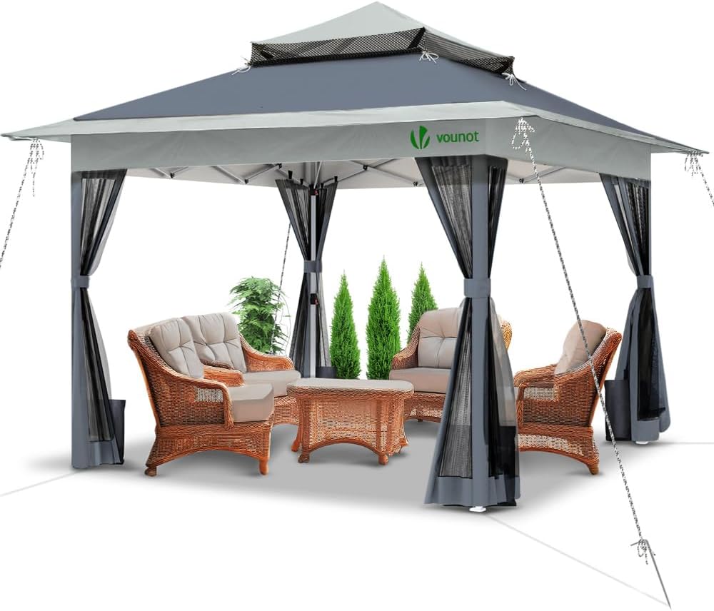 VOUNOT® Tonnelle de Jardin Extérieur 3.6x3.6m avec Moustiquaire Barnum Anti-UV Respirable Tente de Réception Cadre en Acier Toits Doubles Belvédère Jardin Terrasse Gris