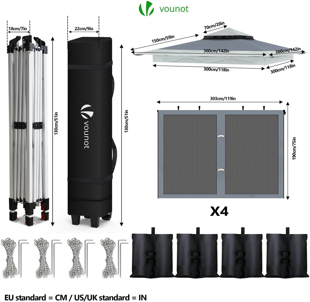 VOUNOT® Tonnelle de Jardin Extérieur 3.6x3.6m avec Moustiquaire Barnum Anti-UV Respirable Tente de Réception Cadre en Acier Toits Doubles Belvédère Jardin Terrasse Gris