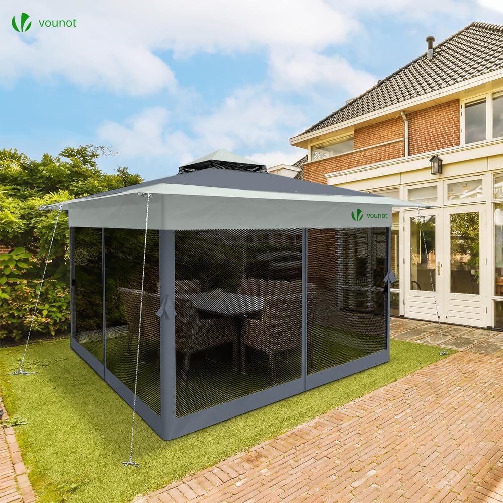 VOUNOT® Tonnelle de Jardin Extérieur 3.6x3.6m avec Moustiquaire Barnum Anti-UV Respirable Tente de Réception Cadre en Acier Toits Doubles Belvédère Jardin Terrasse Gris