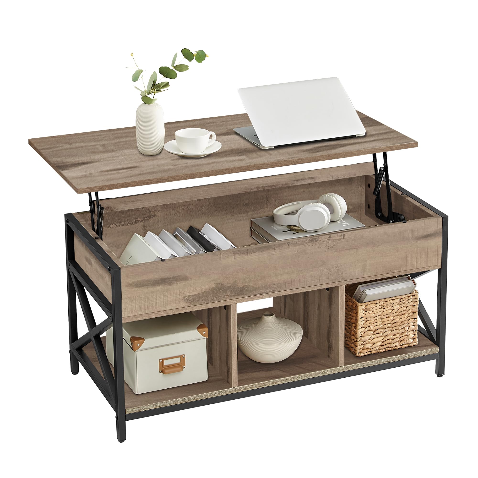 VASAGLE Table Basse, Table de Salon Relevable, Table Basse avec Rangement Caché et Compartiments Ouverts, Cadre en Acier, 50 x 100 x (46,5-62) cm, Marron Rustique et Noir LCT202B01