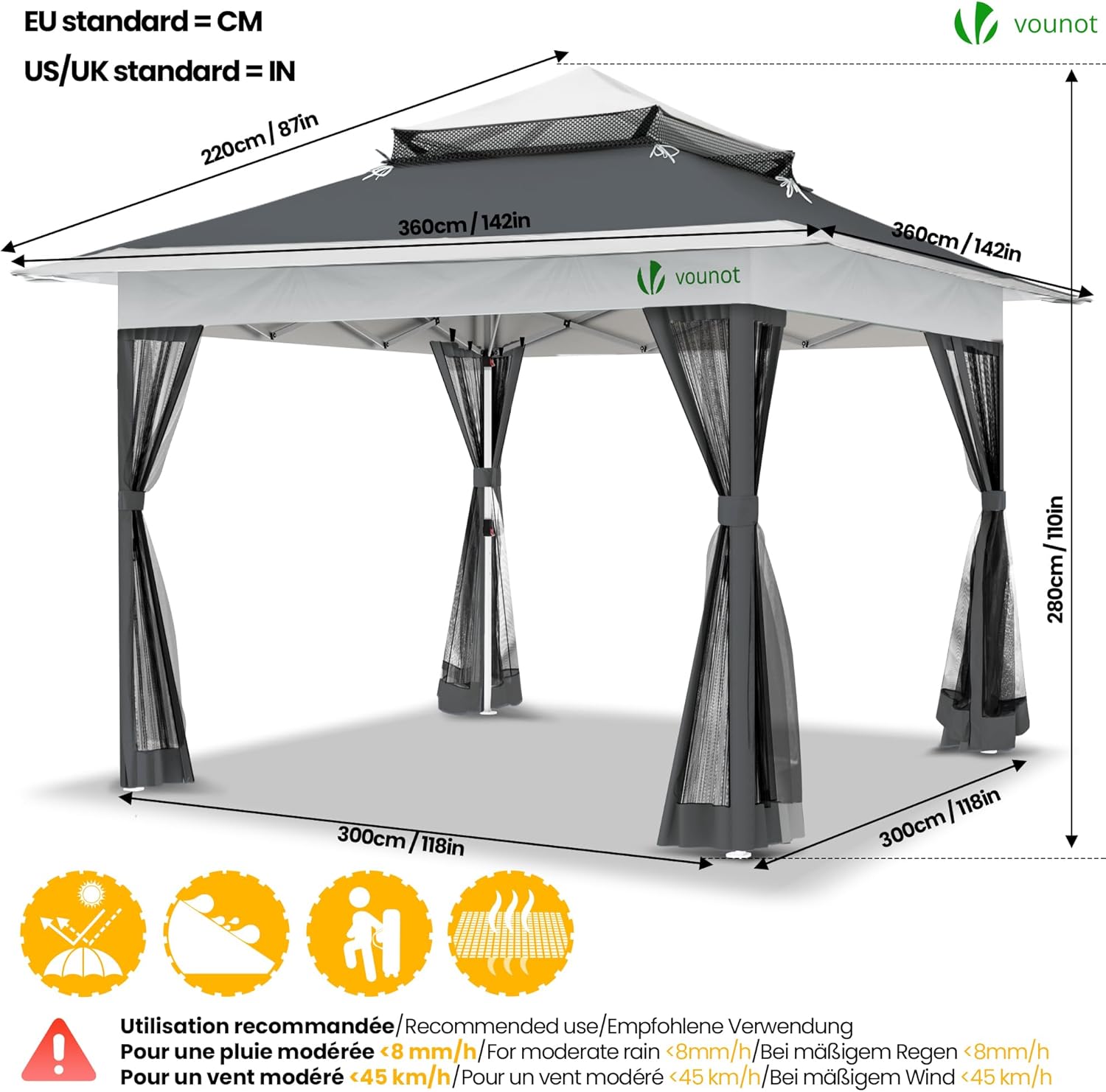 VOUNOT® Tonnelle de Jardin Extérieur 3.6x3.6m avec Moustiquaire Barnum Anti-UV Respirable Tente de Réception Cadre en Acier Toits Doubles Belvédère Jardin Terrasse Gris