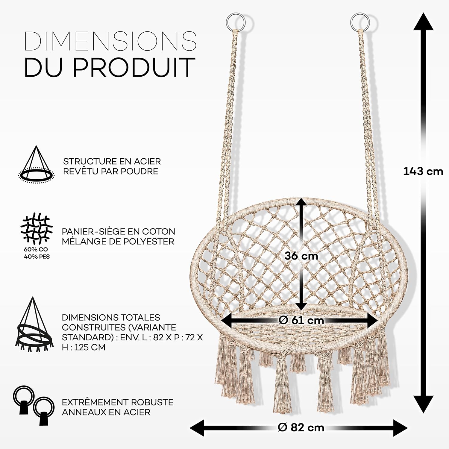 tillvex Hamac Chaise Suspendu avec Grand Coussin 200kg | Chaise Relax à Franges - Intérieur et Extérieur | Hamac avec Coussins Confortables de Siége | Kit de Suspension