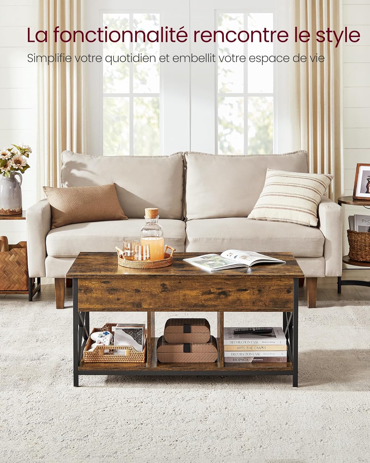 VASAGLE Table Basse, Table de Salon Relevable, Table Basse avec Rangement Caché et Compartiments Ouverts, Cadre en Acier, 50 x 100 x (46,5-62) cm, Marron Rustique et Noir LCT202B01
