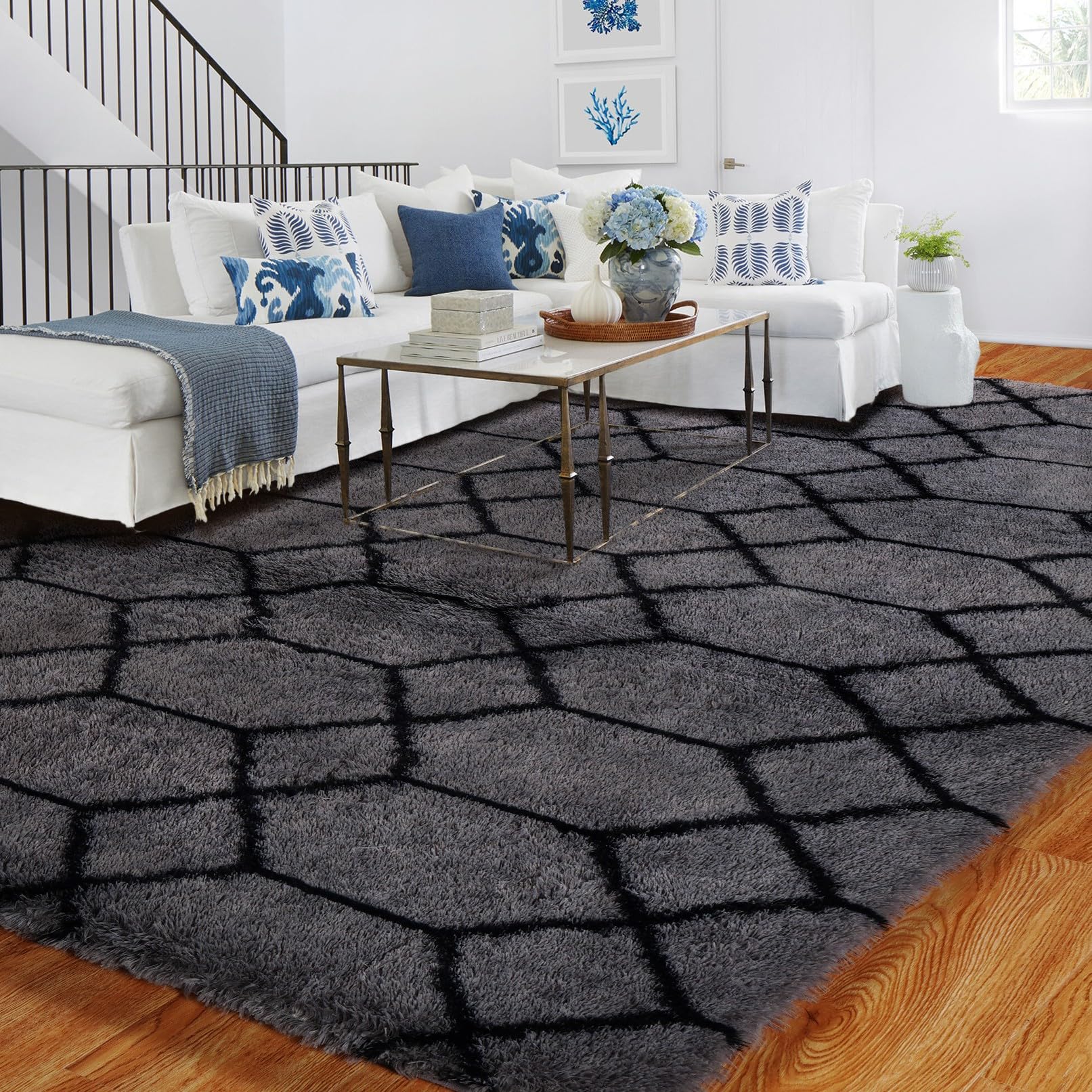 Tapis géométrique blanc et beige 120 x 180 cm - Antidérapant, lavable, doux et moelleux - Salon, chambre d'enfant