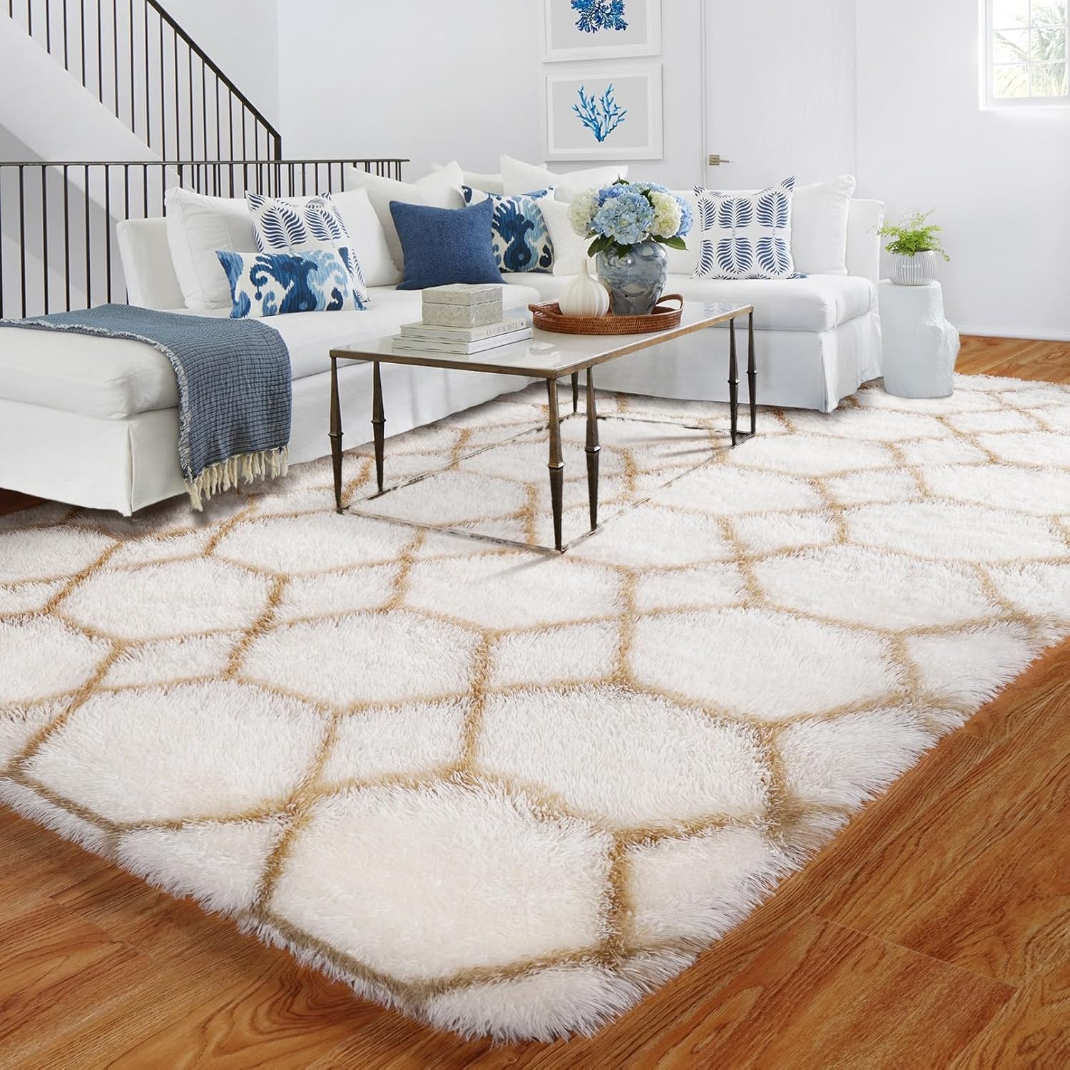 Tapis géométrique blanc et beige 120 x 180 cm - Antidérapant, lavable, doux et moelleux - Salon, chambre d'enfant