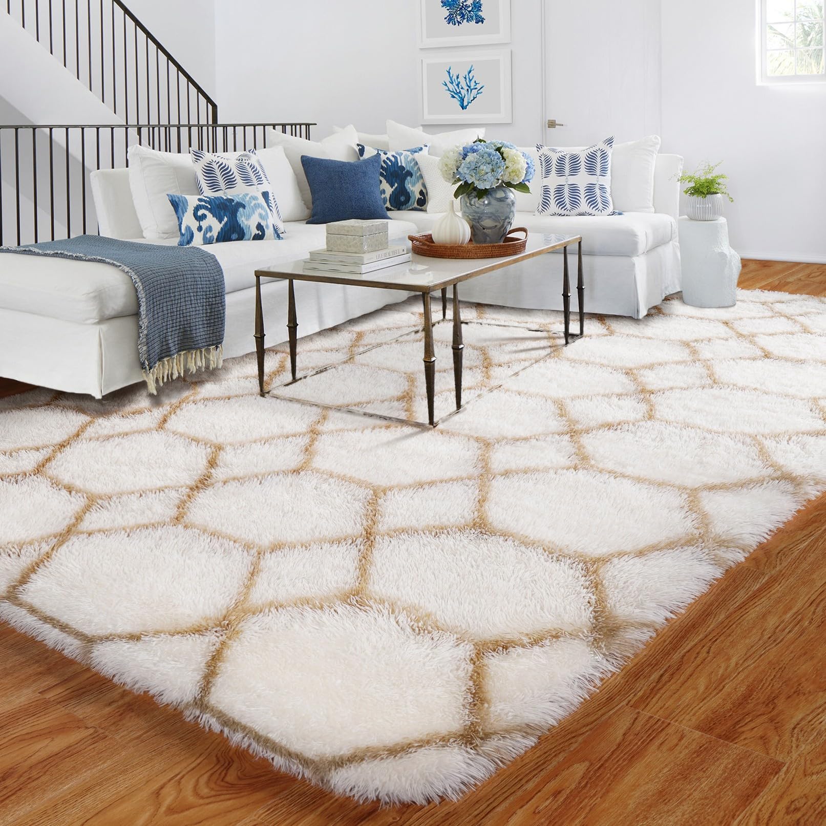 Tapis géométrique blanc et beige 120 x 180 cm - Antidérapant, lavable, doux et moelleux - Salon, chambre d'enfant