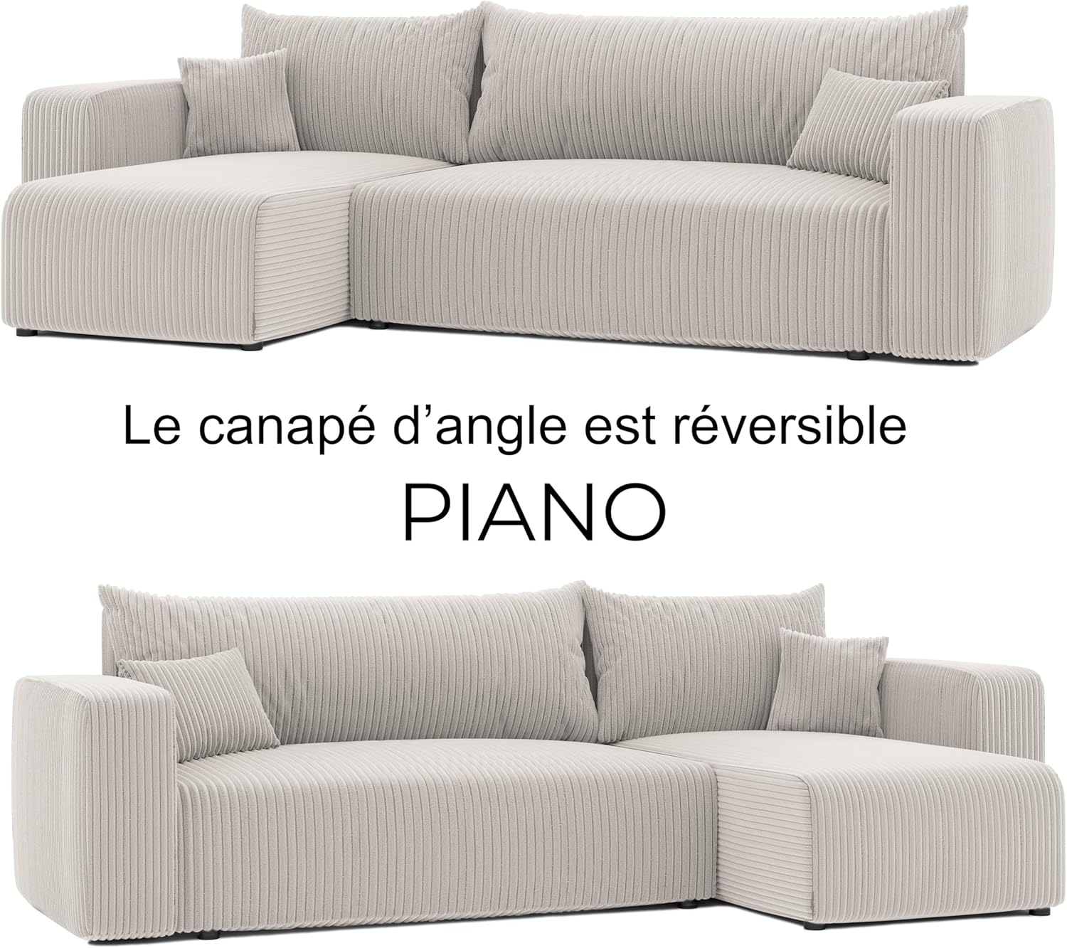 Canapé d'Angle Convertible 145x248 à Gauche ou à Droite - 3 Places Avec Espace de Rangement - Lit - Sofa Beige