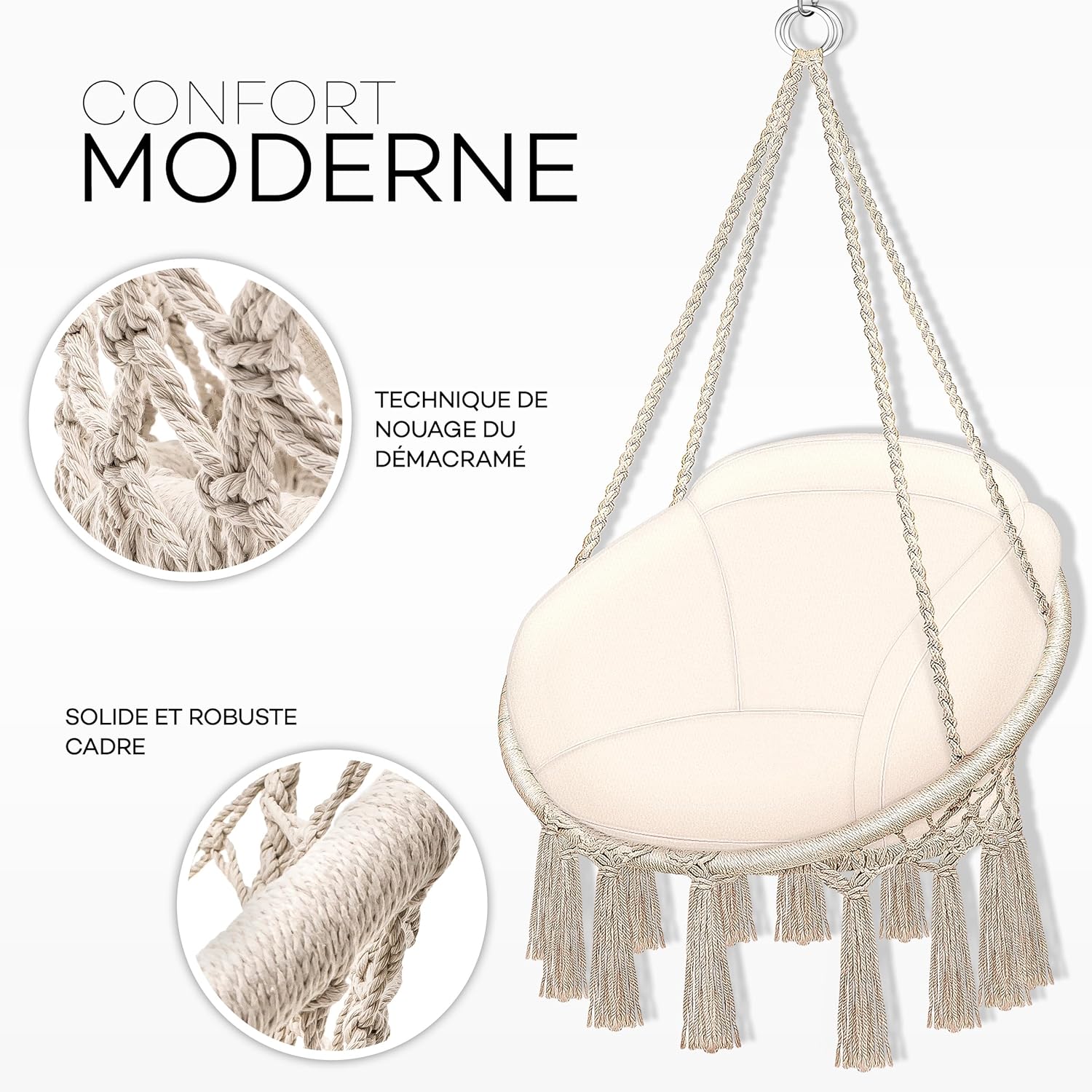 tillvex Hamac Chaise Suspendu avec Grand Coussin 200kg | Chaise Relax à Franges - Intérieur et Extérieur | Hamac avec Coussins Confortables de Siége | Kit de Suspension