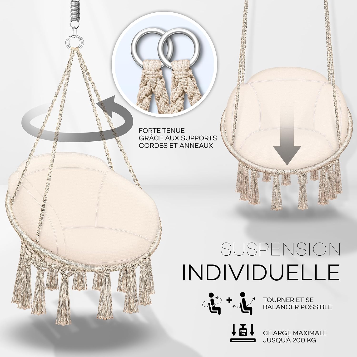 tillvex Hamac Chaise Suspendu avec Grand Coussin 200kg | Chaise Relax à Franges - Intérieur et Extérieur | Hamac avec Coussins Confortables de Siége | Kit de Suspension