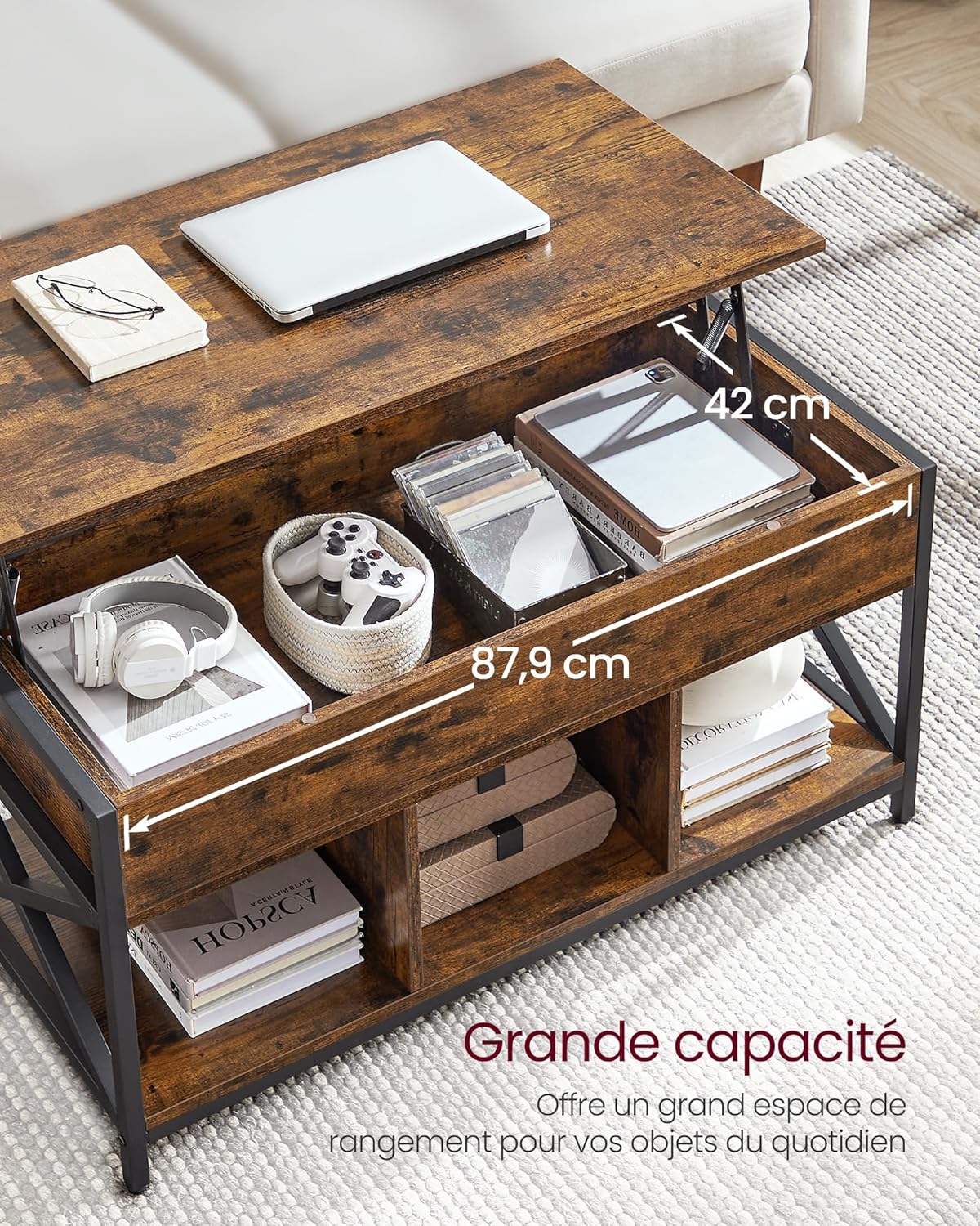 VASAGLE Table Basse, Table de Salon Relevable, Table Basse avec Rangement Caché et Compartiments Ouverts, Cadre en Acier, 50 x 100 x (46,5-62) cm, Marron Rustique et Noir LCT202B01