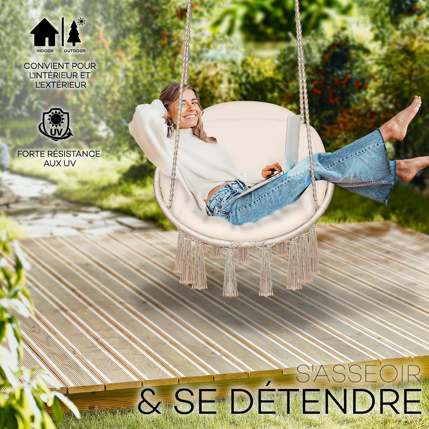 tillvex Hamac Chaise Suspendu avec Grand Coussin 200kg | Chaise Relax à Franges - Intérieur et Extérieur | Hamac avec Coussins Confortables de Siége | Kit de Suspension